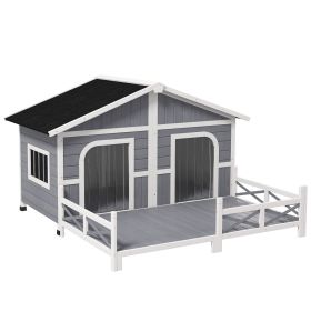 Wooden Large Dog House Outdoor Cabin Style, Elevated Pet Shelter with Porch, for Small and Medium Breed Dogs, Gray